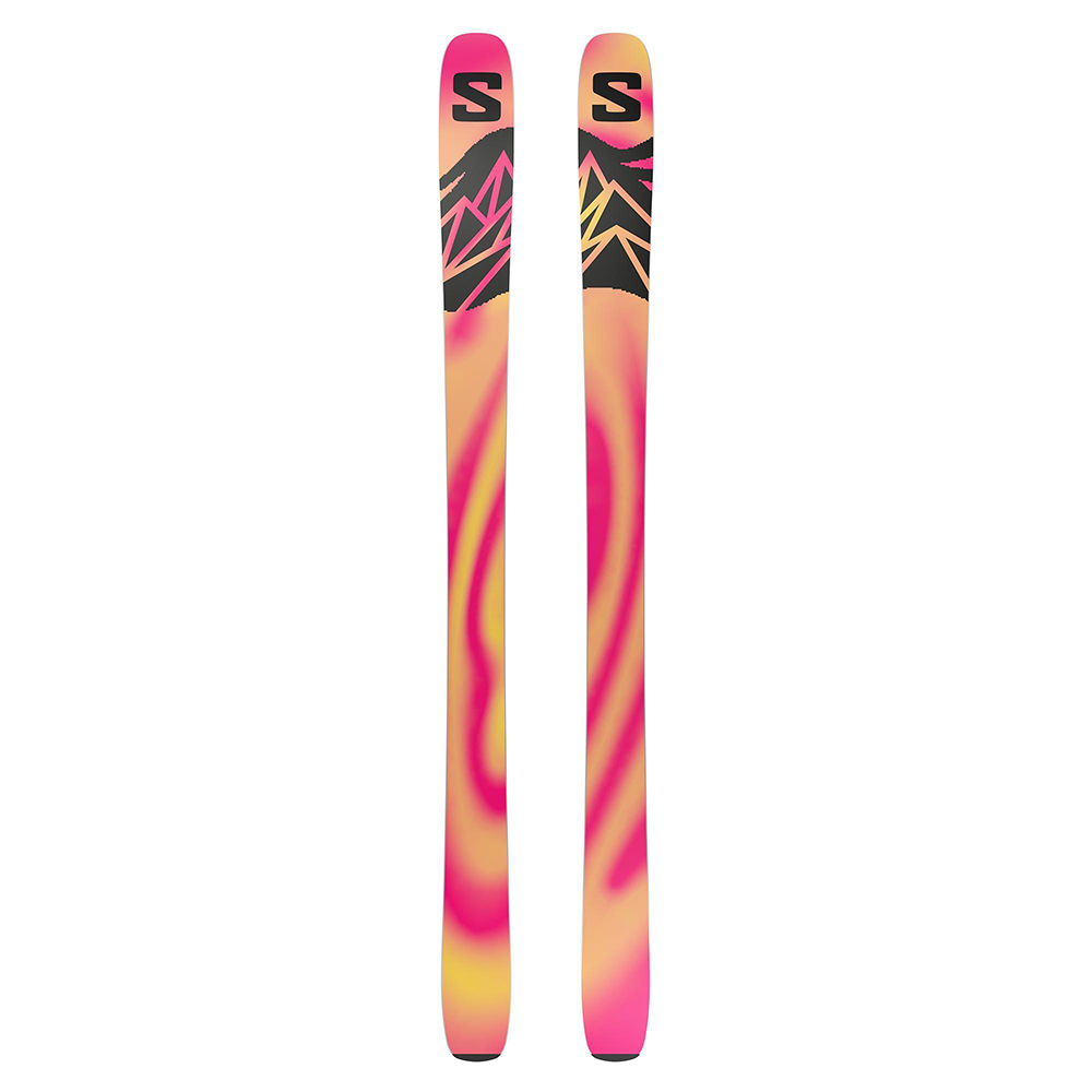 The bases of a pair of black 2027 Salomon QST 100 Skis that are designed for all-mountain and freeride skiing.