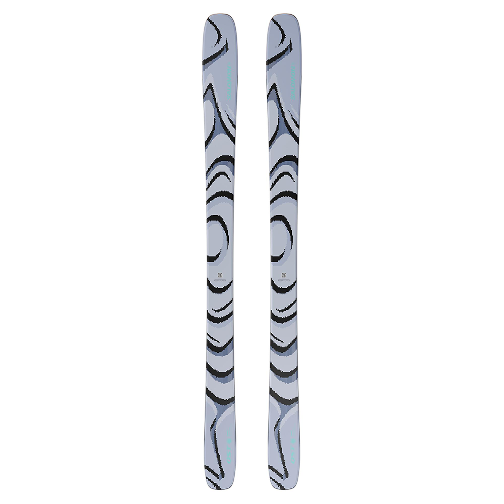 A pair of Salomon QST 100 Cosmic Sky skis that are intended for freeride skiing.