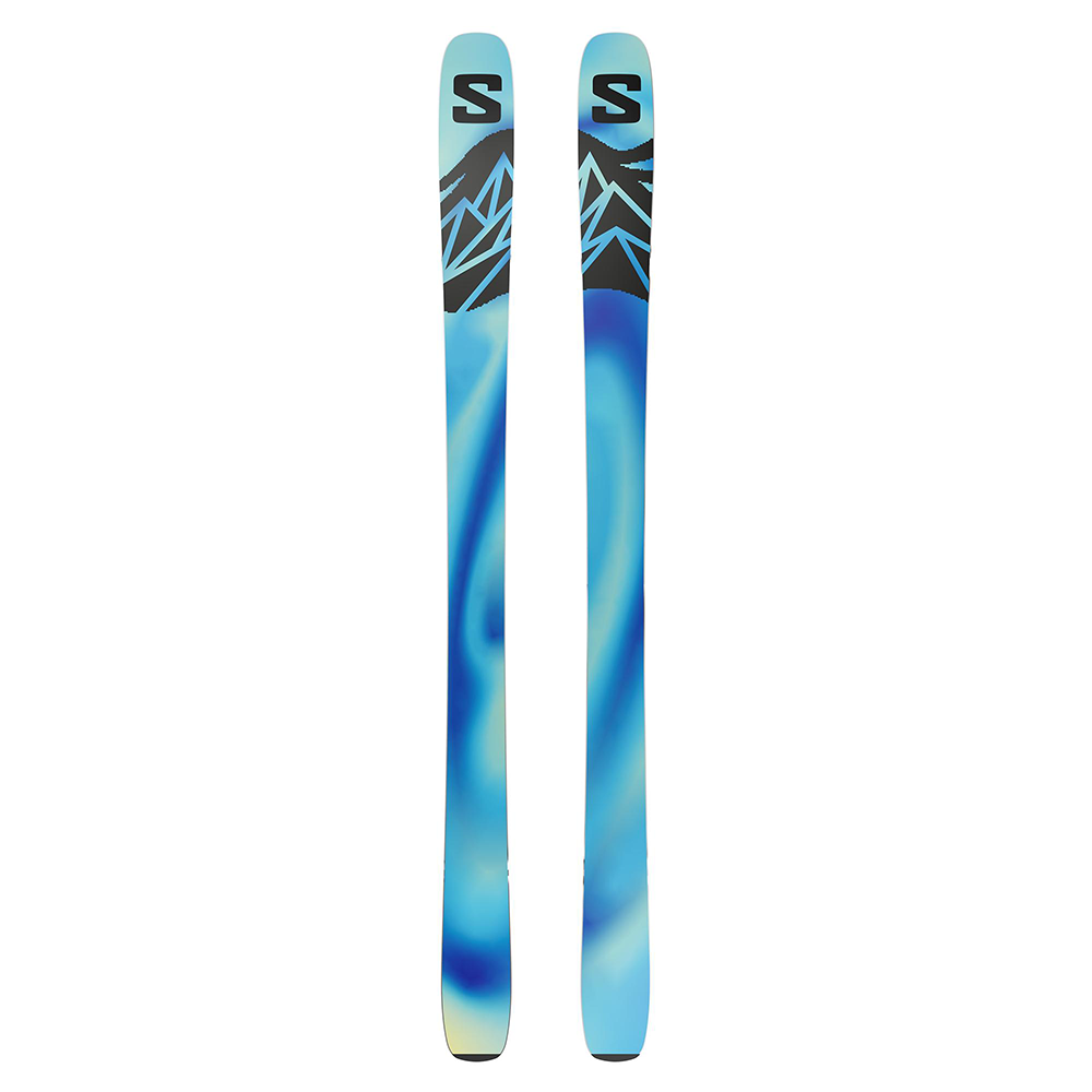 A pair of Salomon QST 100 Cosmic Sky skis that are intended for freeride skiing.