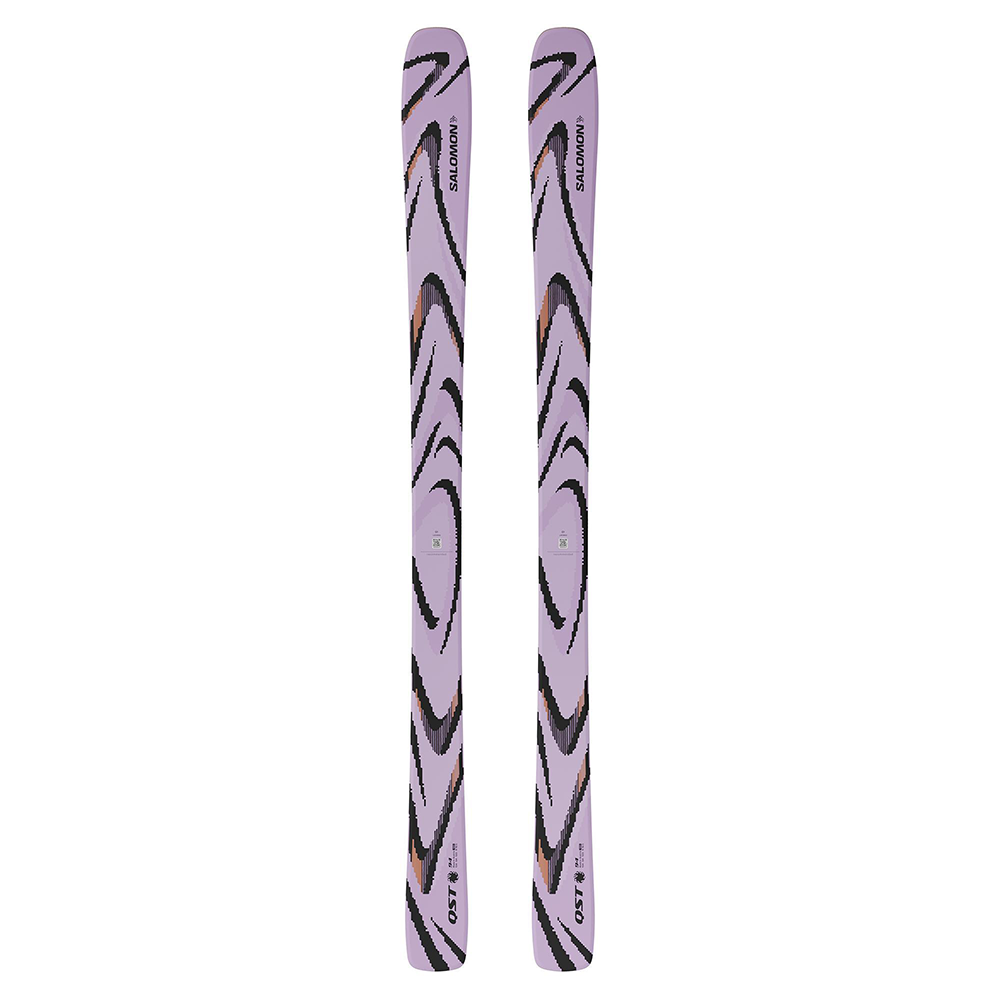A pair of lilac 2027 Salomon QST 94 skis that are designed for all-mountain and freeride skiing.