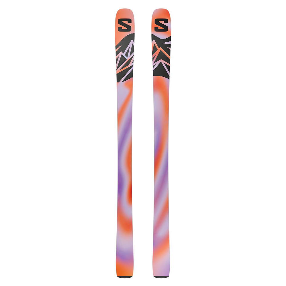 The bases of a pair of lilac 2027 Salomon QST 94 skis that are designed for all-mountain and freeride skiing.