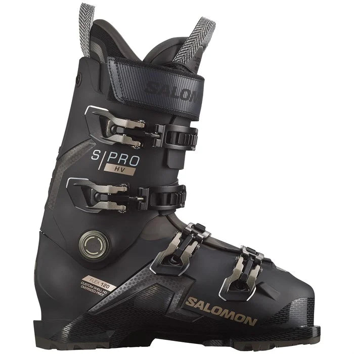 A black Salomon S/Pro HV 120 ski boot with multiple buckles and a prominent brand logo on the side.