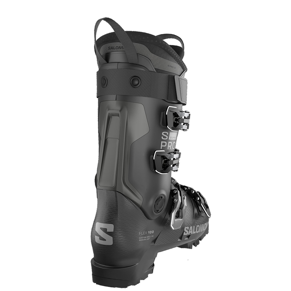 A black Salomon S/Pro Supra 100 ski boot that is designed for men and features a 100 flex rating as well as a medium volume fit.