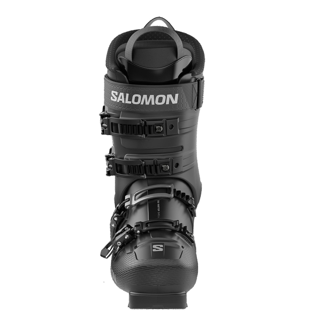 A black Salomon S/Pro Supra 100 ski boot that is designed for men and features a 100 flex rating as well as a medium volume fit.