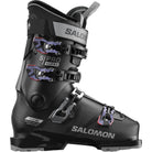 A black and purple Salomon S/Pro Supra 80 Women's ski boot that features a sturdy construction and GripWalk soles.