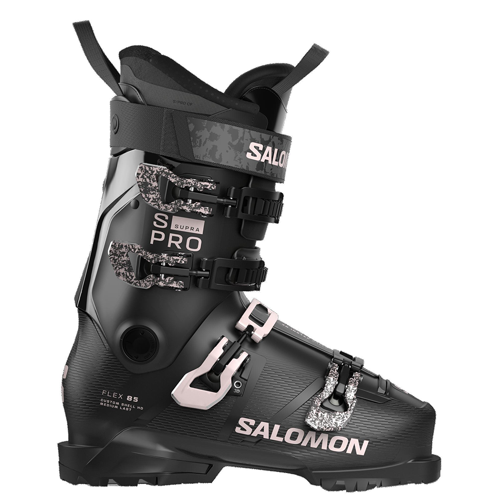 A black Salomon S/Pro 85 W ski boot that is designed for women and features an 85 flex rating and a medium-volume fit.