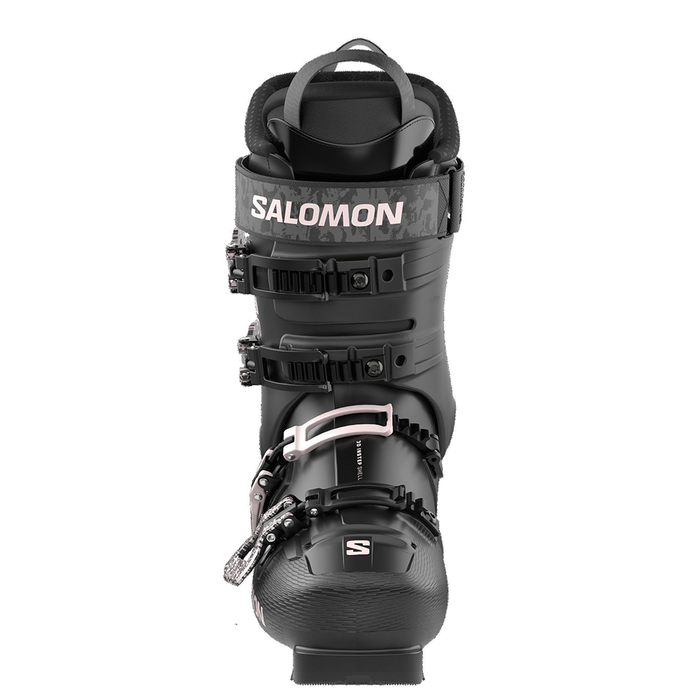 A black Salomon S/Pro 85 W ski boot that is designed for women and features an 85 flex rating and a medium-volume fit.