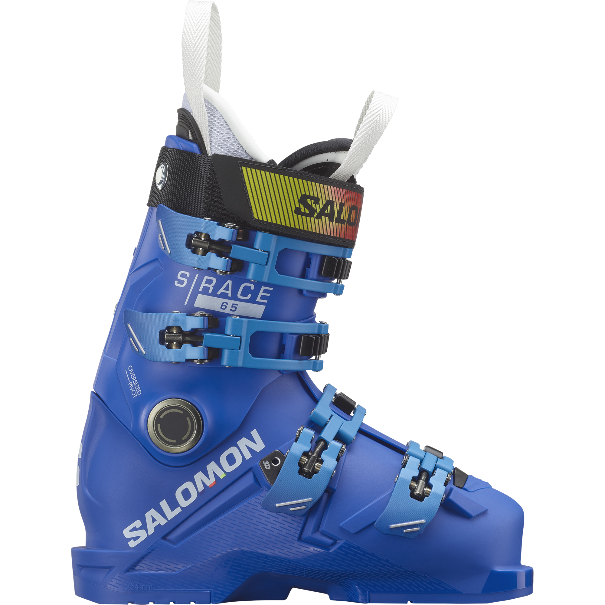 Salomon S/Race 65 JR Ski Boots featuring a 65 flex, junior-specific fit, four-buckle closure, power strap, and race-inspired alpine performance.