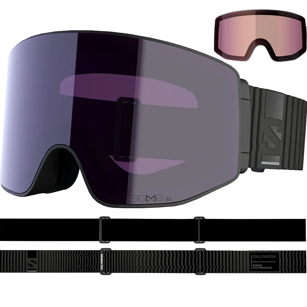 Front view of black Salomon Sentry Prime Sigma Goggles featuring a low-profile cylindrical SIGMA™ lens, magnetic quick-change system with side mechanical latches, Custom ID Fit triple-layer face foam, and an extra-wide silicone-backed strap.