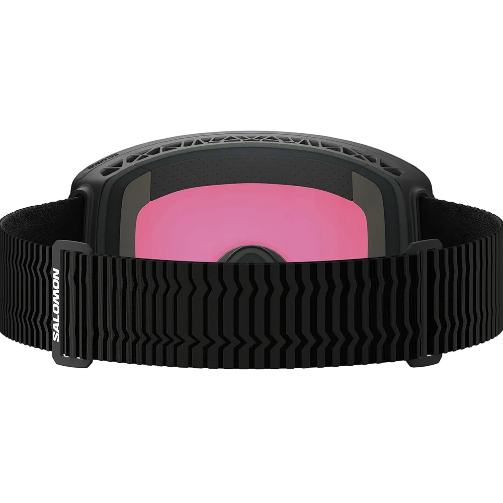 Rear view of black Salomon Sentry Prime Sigma Goggles featuring a low-profile cylindrical SIGMA™ lens, magnetic quick-change system with side mechanical latches, Custom ID Fit triple-layer face foam, and an extra-wide silicone-backed strap.