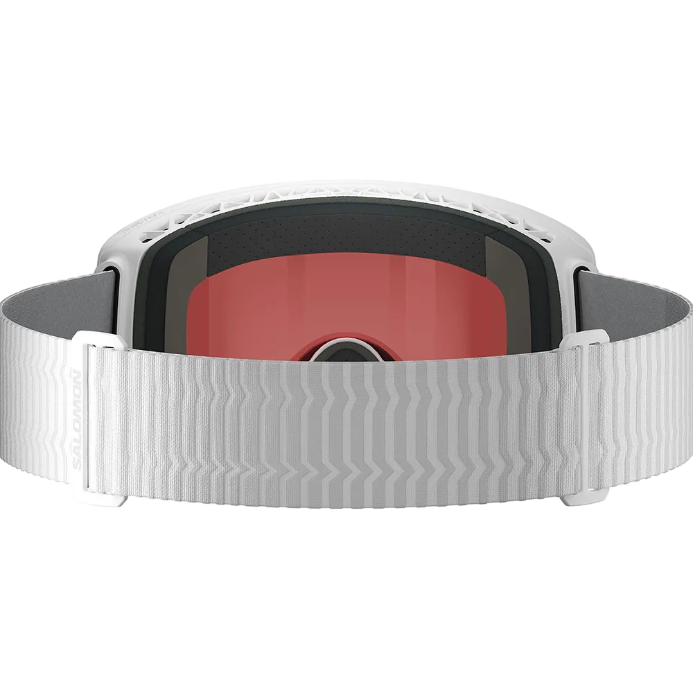 Rear view of white Salomon Sentry Prime Sigma Goggles featuring a low-profile cylindrical SIGMA™ lens, magnetic quick-change system with side mechanical latches, Custom ID Fit triple-layer face foam, and an extra-wide silicone-backed strap.