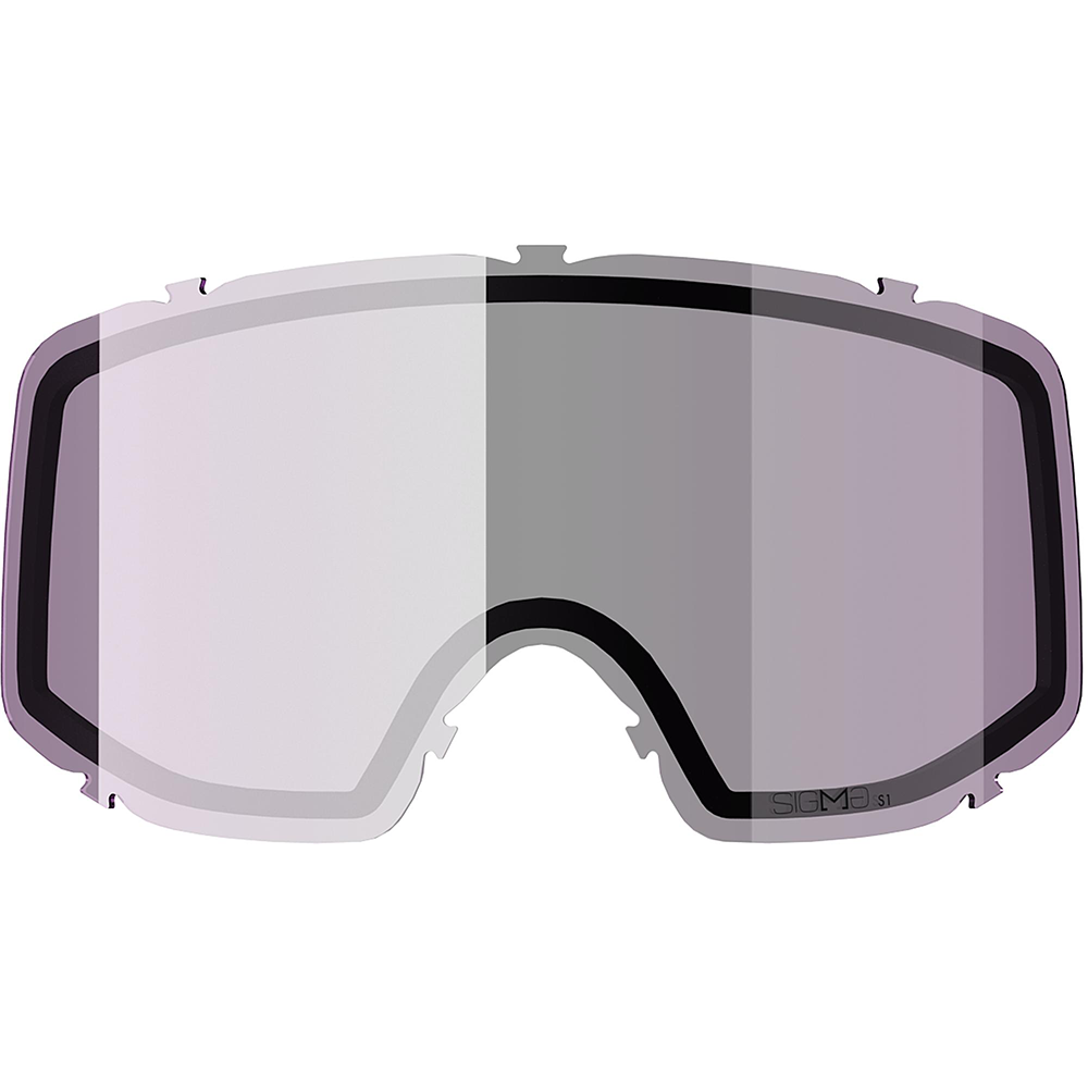 A clear Salomon Sentry Pro Sigma replacement lens that is designed for low-light skiing conditions.