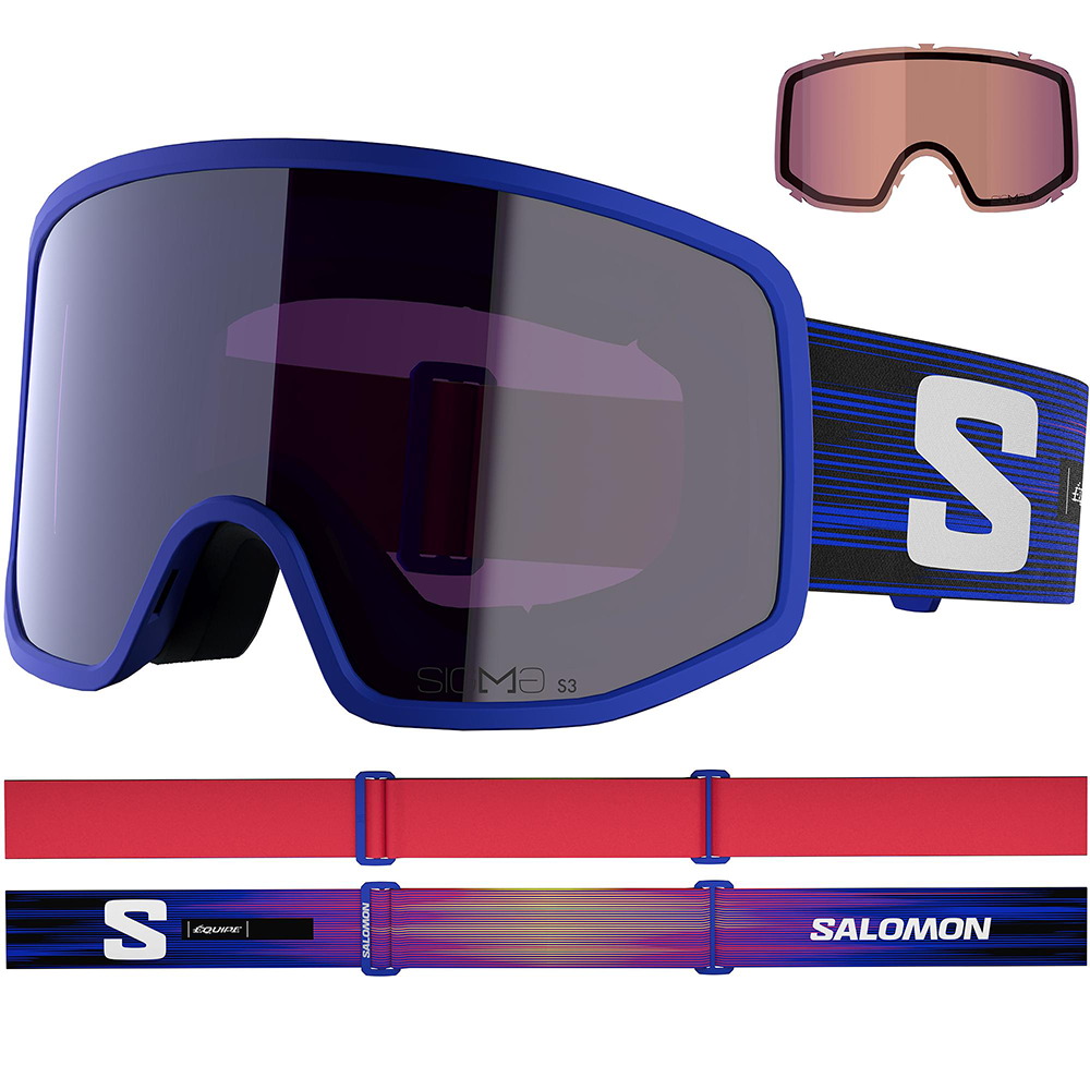 A pair of Salomon Sentry Pro S Sigma Equipe goggles that feature two lenses and are designed to integrate with ski race helmets.