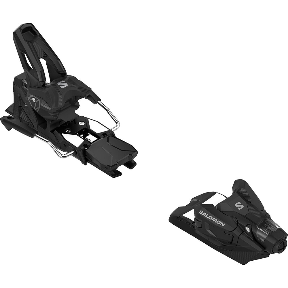 A black Salomon Strive 14 binding that is designed to attach to flat skis.