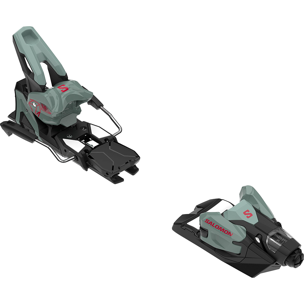 A green, black, and pink Salomon Strive 14 binding that is designed to pair with Salomon QST skis.