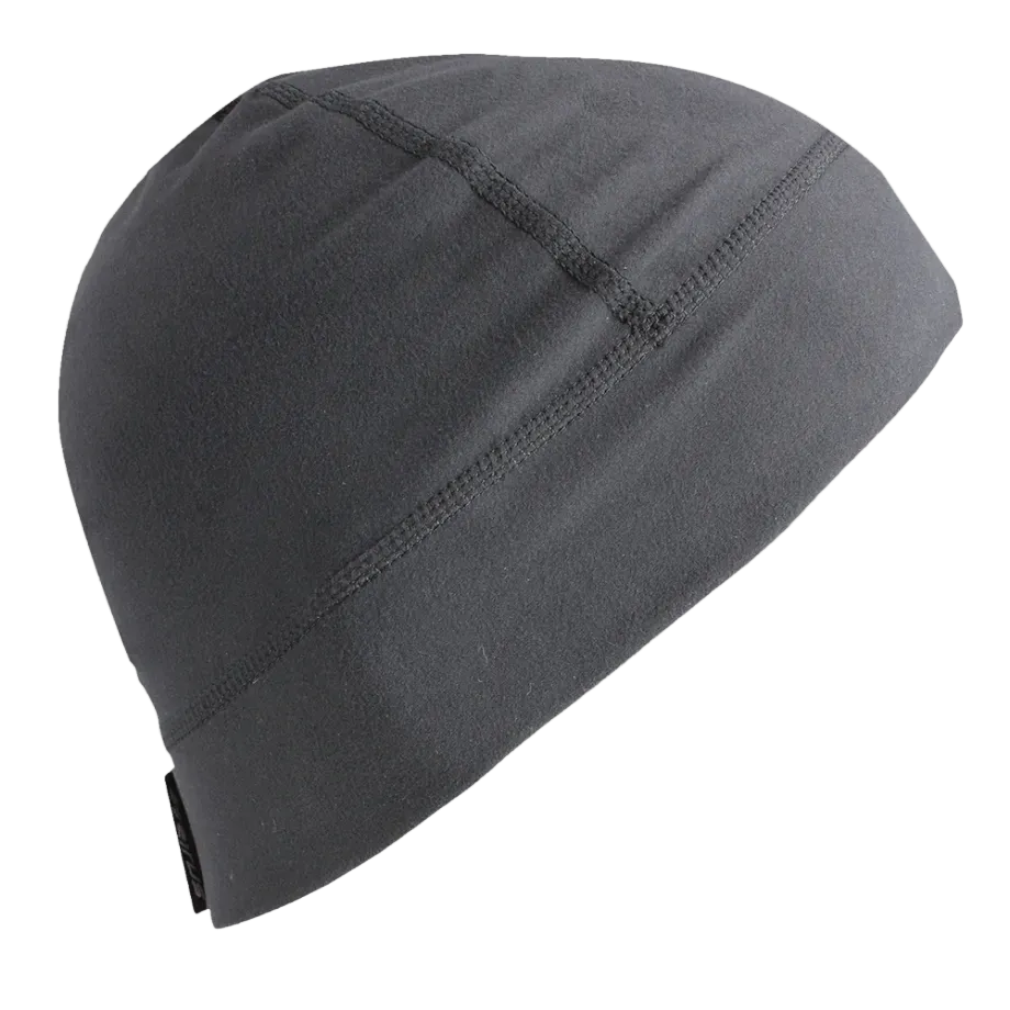 Seirus Heatwave Skull Liner in black showing ultra-thin stretch fabric, dual-stage Heatwave kinetic reflective lining, flatlock low-profile seam construction, and ergonomic ear-coverage cut.