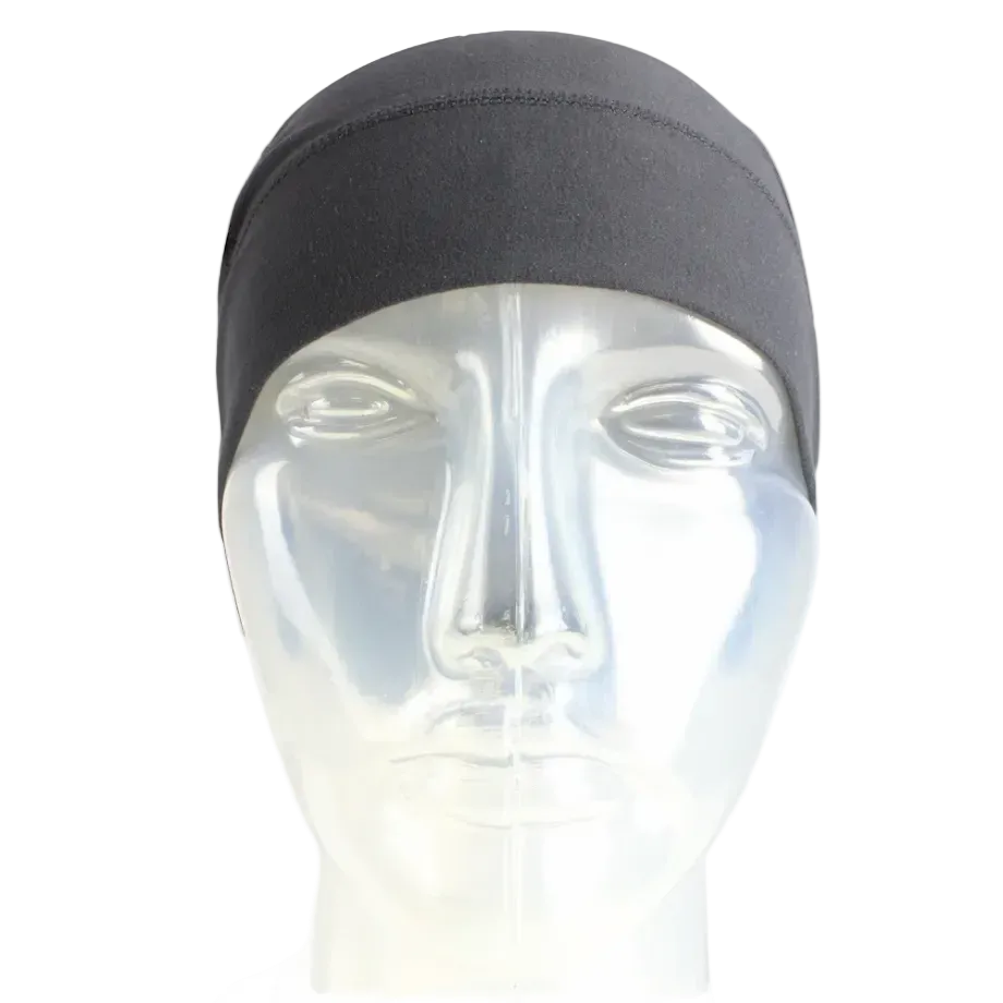 Seirus Heatwave Skull Liner in black showing ultra-thin stretch fabric, dual-stage Heatwave kinetic reflective lining, flatlock low-profile seam construction, and ergonomic ear-coverage cut.