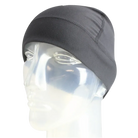 Seirus Heatwave Skull Liner in black showing ultra-thin stretch fabric, dual-stage Heatwave kinetic reflective lining, flatlock low-profile seam construction, and ergonomic ear-coverage cut.