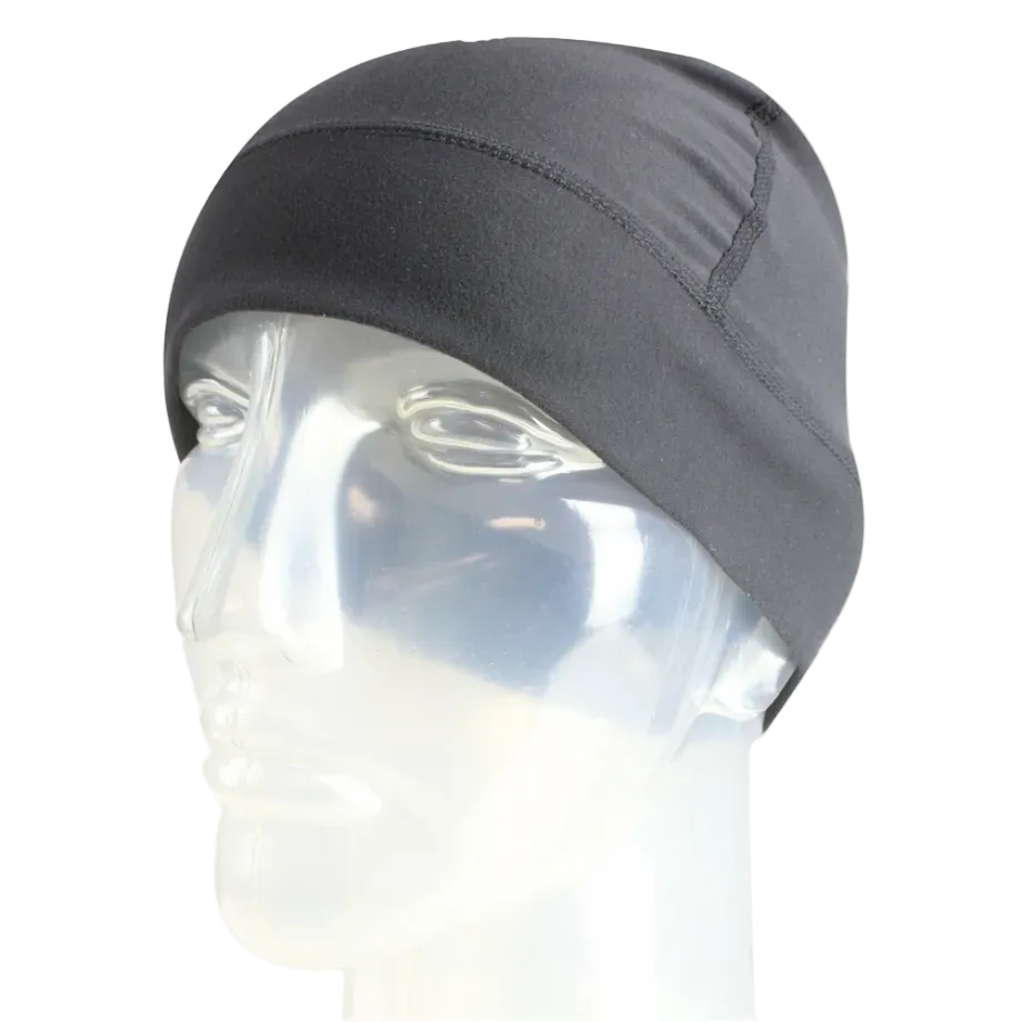 Seirus Heatwave Skull Liner in black showing ultra-thin stretch fabric, dual-stage Heatwave kinetic reflective lining, flatlock low-profile seam construction, and ergonomic ear-coverage cut.