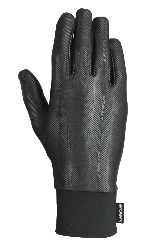 A black and grey Seirus Soundtouch Heatwave Glove Liner that is designed for use with touchscreens and will keep hands warm in winter conditions.