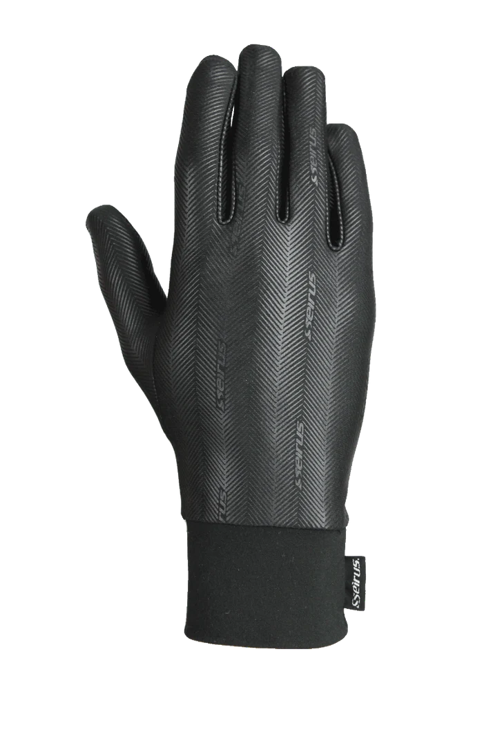 A black and grey Seirus Soundtouch Heatwave Glove Liner that is designed for use with touchscreens and will keep hands warm in winter conditions.