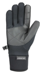 Black Seirus Men’s Xtreme Soundtouch All Weather Glove featuring a form-fitting 4-way stretch fabric shell, waterproof/breathable membrane, touchscreen-compatible Soundtouch fingertips, fleece lining, fitted stretch cuff, side pairing clip, and Seirus logo printed on the back of the hand.