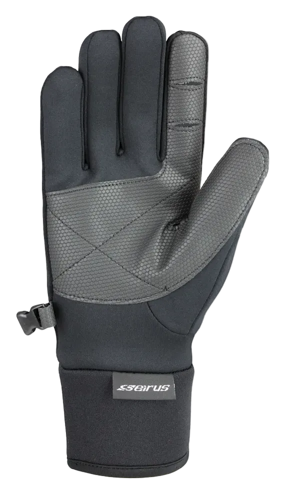 Black Seirus Men’s Xtreme Soundtouch All Weather Glove featuring a form-fitting 4-way stretch fabric shell, waterproof/breathable membrane, touchscreen-compatible Soundtouch fingertips, fleece lining, fitted stretch cuff, side pairing clip, and Seirus logo printed on the back of the hand.
