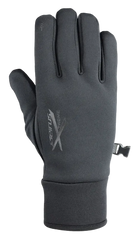 Black Seirus Men’s Xtreme Soundtouch All Weather Glove featuring a form-fitting 4-way stretch fabric shell, waterproof/breathable membrane, touchscreen-compatible Soundtouch fingertips, fleece lining, fitted stretch cuff, side pairing clip, and Seirus logo printed on the back of the hand.