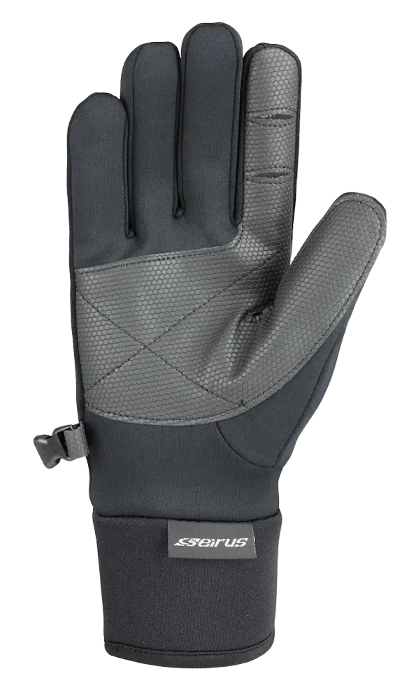 A black Seirus Women's Xtreme Soundtouch All Weather Glove that are lightweight, low-bulk, breathable, and waterproof.