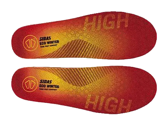 Sidas 3feet Eco Winter High Insoles showing contoured high-arch 3D EVA structure, 100% recycled woven polyester top cover, Evamic Insulated thermal layer, and low-profile heel cushioning pad.