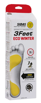 Sidas 3feet Eco Winter High Insoles showing contoured high-arch 3D EVA structure, 100% recycled woven polyester top cover, Evamic Insulated thermal layer, and low-profile heel cushioning pad.