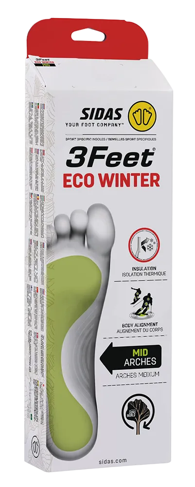 Sidas 3feet Eco Winter Mid Arch Insoles showing contoured mid-arch 3D EVA structure, 100% recycled woven polyester top cover, Evamic Insulated thermal layer, and low-profile heel cushioning pad.