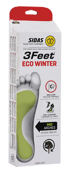Sidas 3feet Eco Winter Mid Arch Insoles showing contoured mid-arch 3D EVA structure, 100% recycled woven polyester top cover, Evamic Insulated thermal layer, and low-profile heel cushioning pad.
