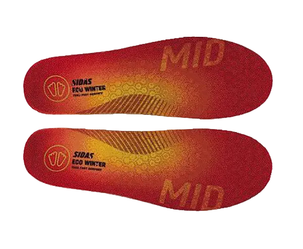 Sidas 3feet Eco Winter Mid Arch Insoles showing contoured mid-arch 3D EVA structure, 100% recycled woven polyester top cover, Evamic Insulated thermal layer, and low-profile heel cushioning pad.