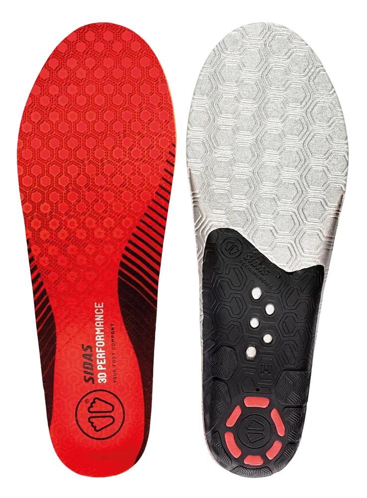 Sidas Winter 3D Performance Insoles showing contoured 3D anatomical EVA shell, integrated heel shock absorption pad, micro-fiber top cover, and insulating aluminum thermal foil layer.