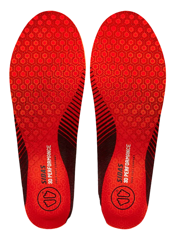 Sidas Winter 3D Performance Insoles showing contoured 3D anatomical EVA shell, integrated heel shock absorption pad, micro-fiber top cover, and insulating aluminum thermal foil layer.