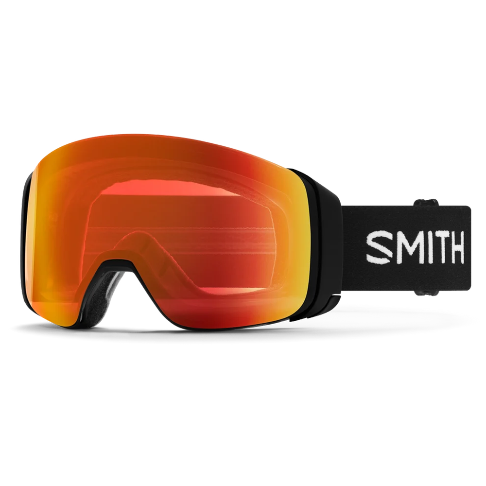 Front view of the Smith 4D MAG Goggles featuring down-curved BirdsEye Vision optics, integrated magnetic MAG outrigger levers, a ChromaPop dual-lens assembly, triple-layer DriWix face foam, and an ultra-wide silicone-backed strap.