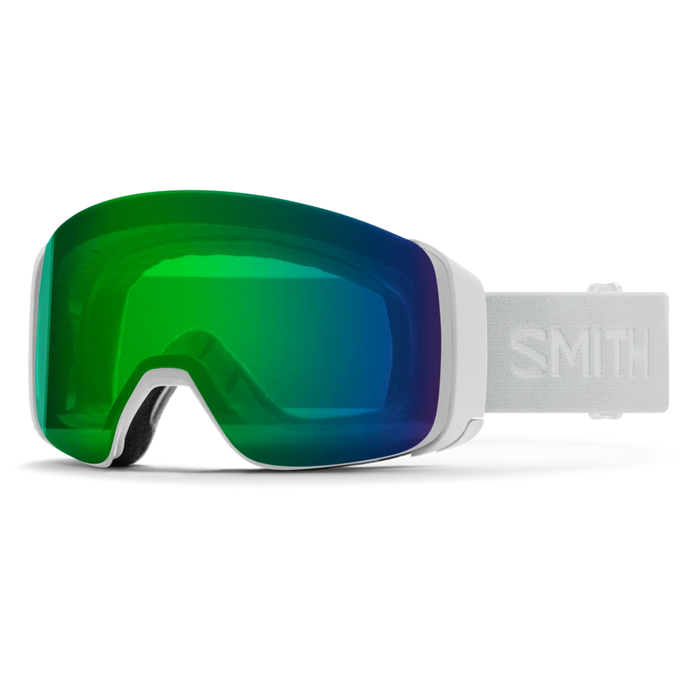 Front view of the Smith 4D MAG Goggles featuring down-curved BirdsEye Vision optics, integrated magnetic MAG outrigger levers, a ChromaPop dual-lens assembly, triple-layer DriWix face foam, and an ultra-wide silicone-backed strap.
