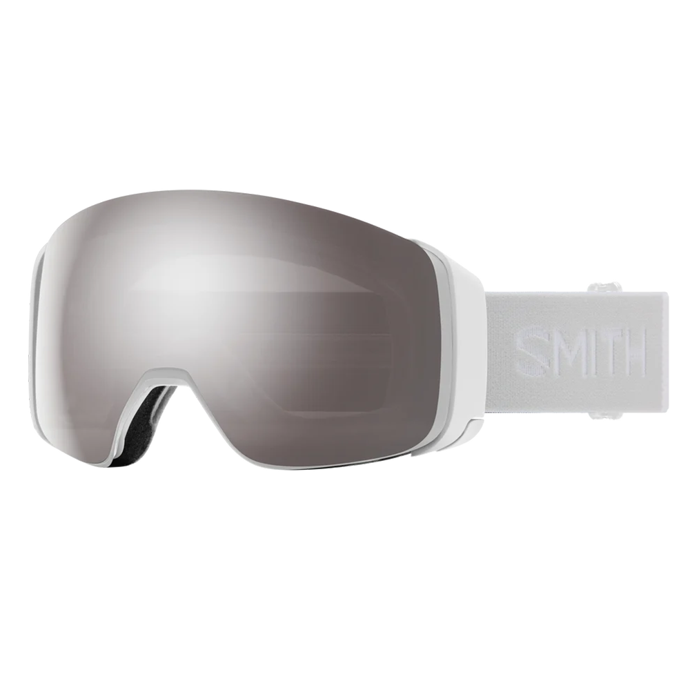 Front view of the Smith 4D MAG Goggles featuring down-curved BirdsEye Vision optics, integrated magnetic MAG outrigger levers, a ChromaPop dual-lens assembly, triple-layer DriWix face foam, and an ultra-wide silicone-backed strap.
