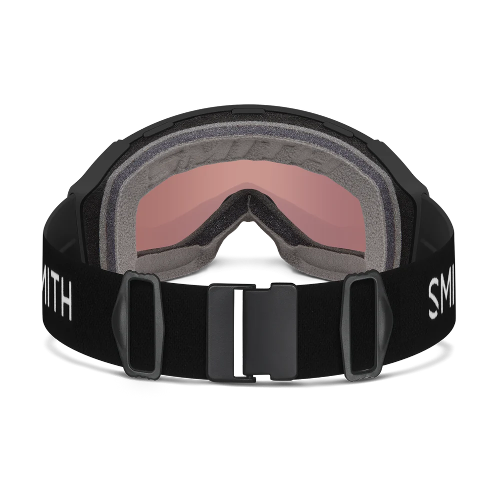 Rear view of the Smith 4D MAG S Goggles featuring a scaled-down frame, down-curved BirdsEye Vision ChromaPop lens, integrated magnetic MAG retention levers, triple-layer DriWix face foam, and a silicone-backed QuickFit strap.