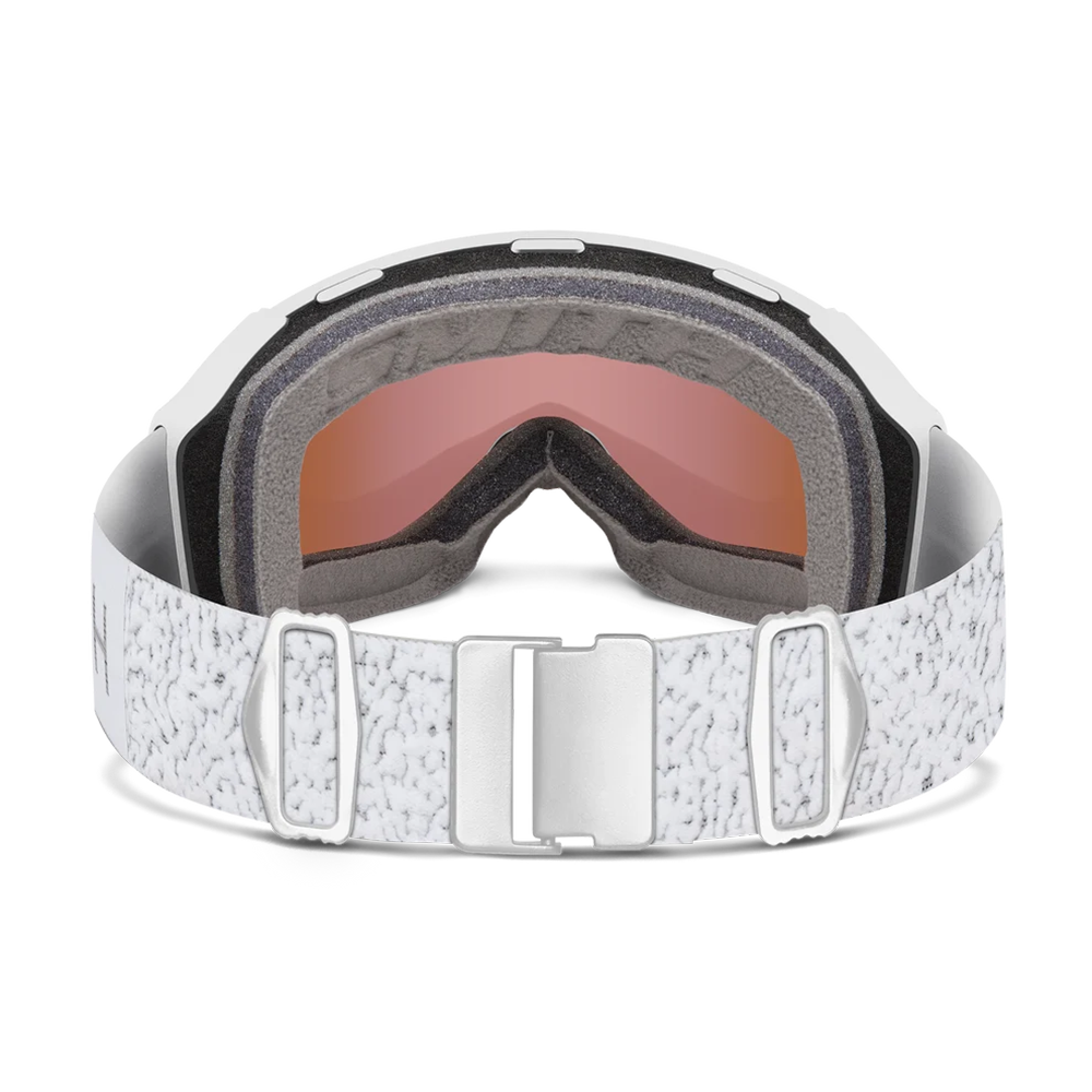 Rear view of the Smith 4D MAG S Goggles featuring a scaled-down frame, down-curved BirdsEye Vision ChromaPop lens, integrated magnetic MAG retention levers, triple-layer DriWix face foam, and a silicone-backed QuickFit strap.