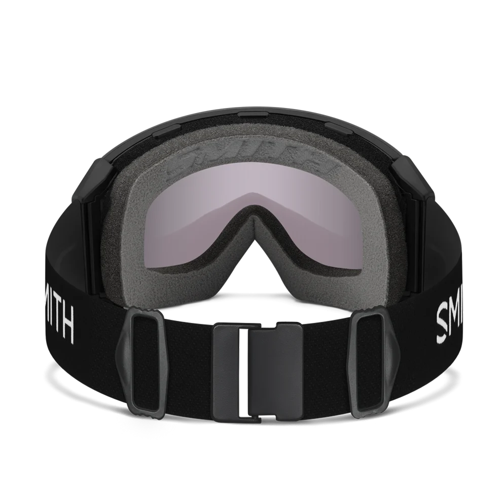 Rear view of the Smith 4D MAG XL Goggles featuring an oversized OTG-compatible frame, down-curved BirdsEye Vision ChromaPop lens, integrated magnetic MAG retention levers, triple-layer DriWix face foam, and a silicone-backed QuickFit strap.