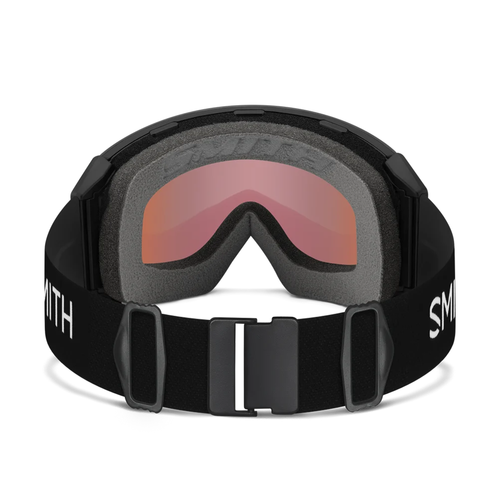 Rear view of the Smith 4D MAG XL Goggles featuring an oversized OTG-compatible frame, down-curved BirdsEye Vision ChromaPop lens, integrated magnetic MAG retention levers, triple-layer DriWix face foam, and a silicone-backed QuickFit strap.