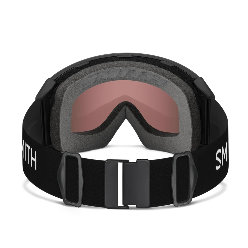 Rear view of the Smith 4D MAG XL Goggles featuring an oversized OTG-compatible frame, down-curved BirdsEye Vision ChromaPop lens, integrated magnetic MAG retention levers, triple-layer DriWix face foam, and a silicone-backed QuickFit strap.