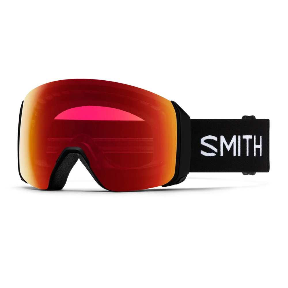 Front view of the Smith 4D MAG XL Low Bridge Fit Goggles featuring an oversized OTG-compatible low-bridge frame, down-curved BirdsEye Vision ChromaPop lens, integrated magnetic MAG retention levers, triple-layer DriWix face foam, and a silicone-backed QuickFit strap.