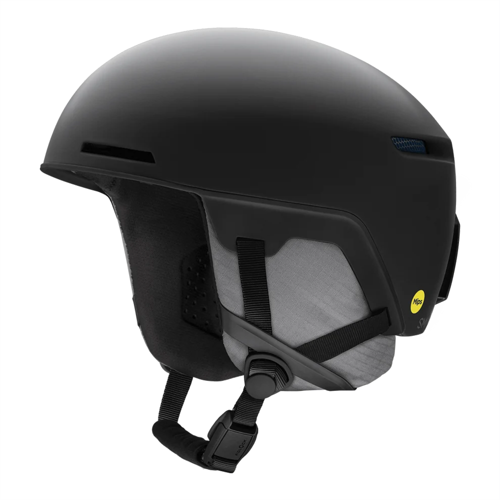 Side view of a black Smith Code MIPS Helmet featuring lightweight in-mold construction, zonal Koroyd honeycomb structures, six fixed ventilation ports, a BOA 360 Fit System dial, and a Fidlock magnetic chin strap buckle.
