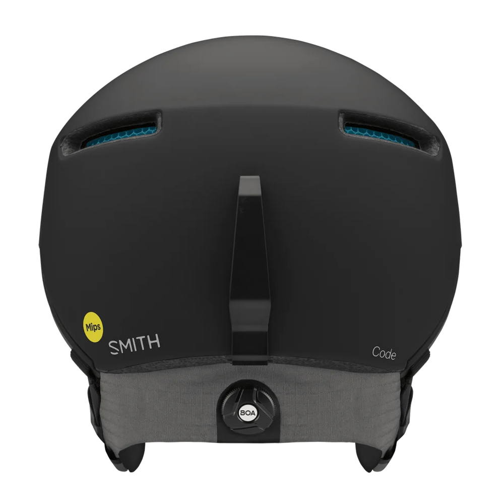 Rear view of a black Smith Code MIPS Helmet featuring lightweight in-mold construction, zonal Koroyd honeycomb structures, six fixed ventilation ports, a BOA 360 Fit System dial, and a Fidlock magnetic chin strap buckle.
