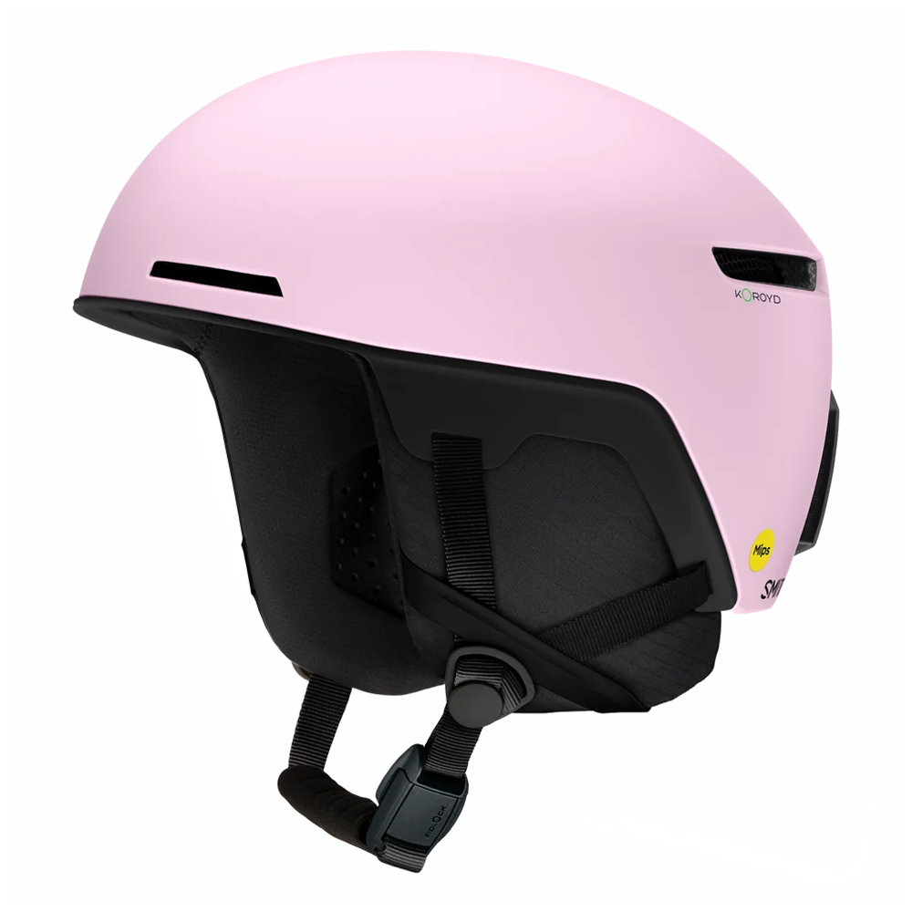 Side view of a pink Smith Code MIPS Helmet featuring lightweight in-mold construction, zonal Koroyd honeycomb structures, six fixed ventilation ports, a BOA 360 Fit System dial, and a Fidlock magnetic chin strap buckle.