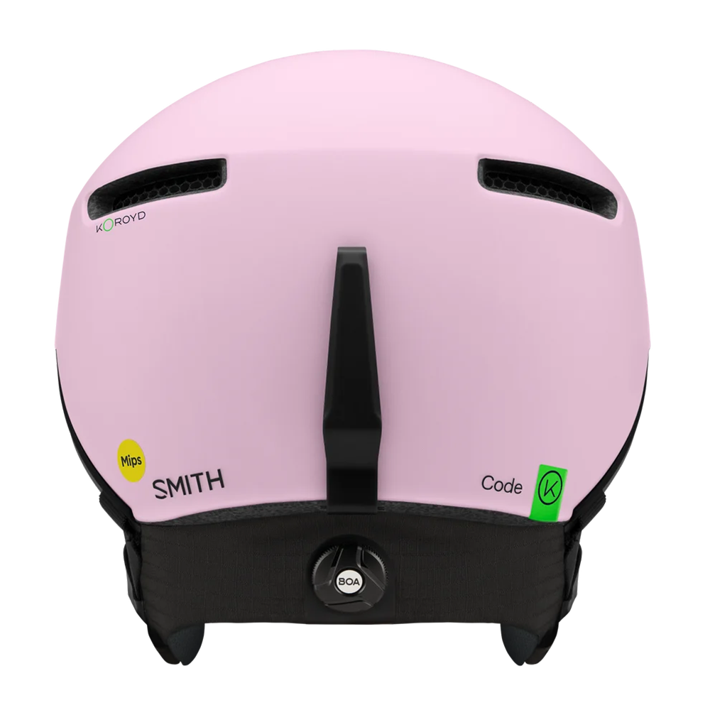 Rear view of a pink Smith Code MIPS Helmet featuring lightweight in-mold construction, zonal Koroyd honeycomb structures, six fixed ventilation ports, a BOA 360 Fit System dial, and a Fidlock magnetic chin strap buckle.