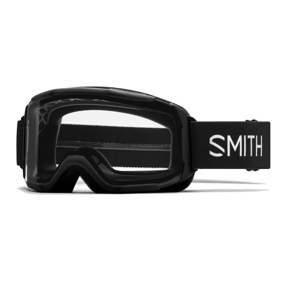 Front view of the Smith Daredevil Jr Goggles featuring a youth over-the-glasses semi-rimless frame, floating temple foam membrane, cylindrical Carbonic-x lens, two-layer DriWix face foam, and a silicone-backed adjustable strap.